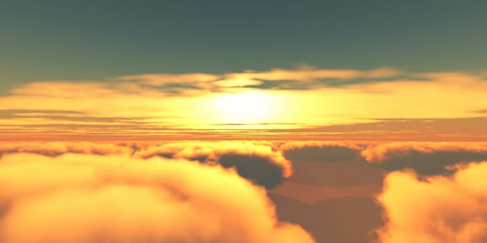 Beautiful aerial view above clouds with sunset. 3d illustration