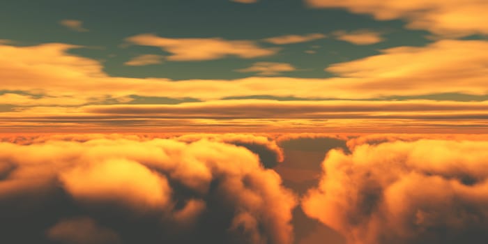 Beautiful aerial view above clouds with sunset. 3d illustration