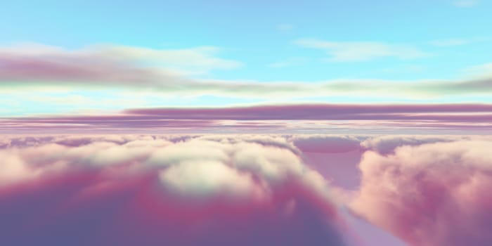 Beautiful aerial view above clouds with sunset. 3d illustration