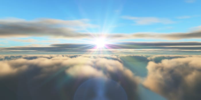 Beautiful aerial view above clouds with sunset. 3d illustration