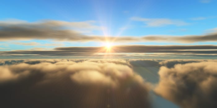 Beautiful aerial view above clouds with sunset. 3d illustration