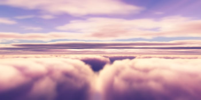 Beautiful aerial view above clouds with sunset. 3d illustration