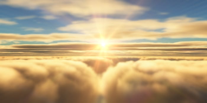 Beautiful aerial view above clouds with sunset. 3d illustration