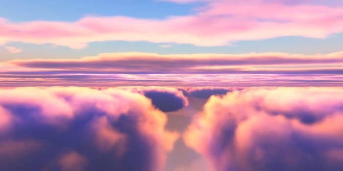 Beautiful aerial view above clouds with sunset. 3d illustration