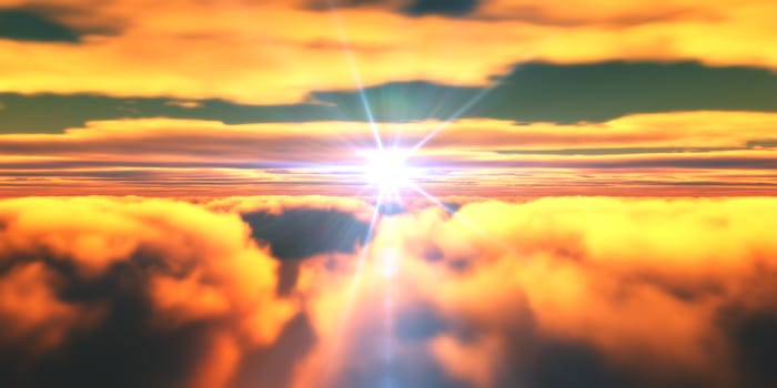 Beautiful aerial view above clouds with sunset. 3d illustration