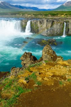 View of the Godafoss waterfall in the Bardardalur district of North-Central Iceland