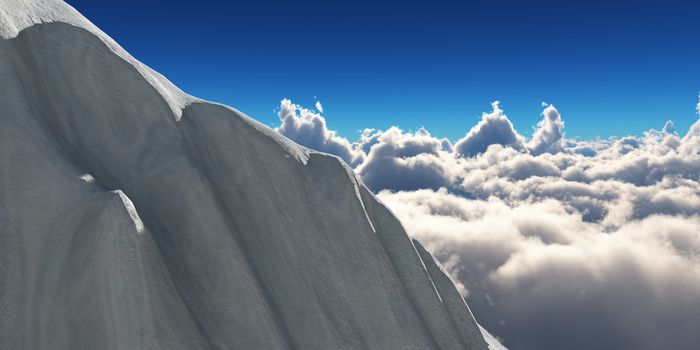 Mountain panorama over the clouds. Computer generated 3D illustration