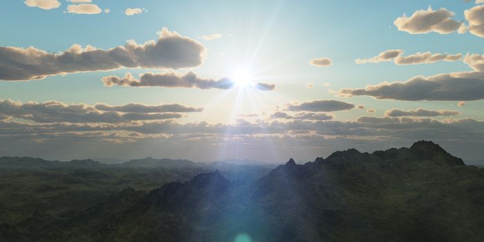 Mountain panorama over the clouds sunset. Computer generated 3D illustration