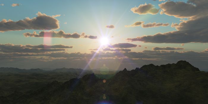 Mountain panorama over the clouds sunset. Computer generated 3D illustration