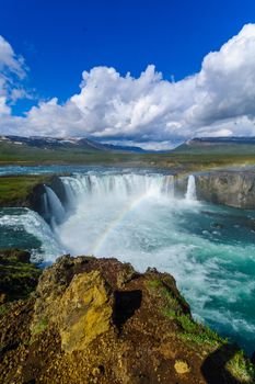 View of the Godafoss waterfall in the Bardardalur district of North-Central Iceland