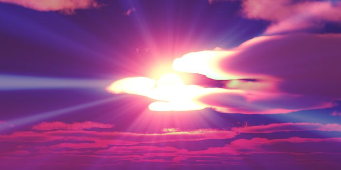 Big sun sky at beautiful sunset, 3d illustration