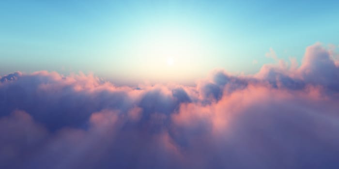 Beautiful aerial view above clouds with sunset. 3d illustration