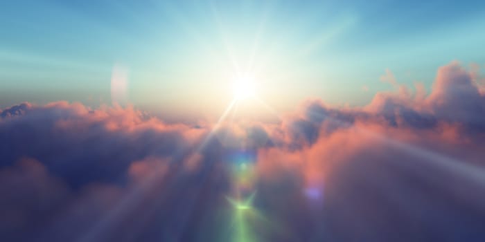 Beautiful aerial view above clouds with sunset. 3d illustration