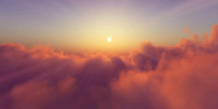 Beautiful aerial view above clouds with sunset. 3d illustration