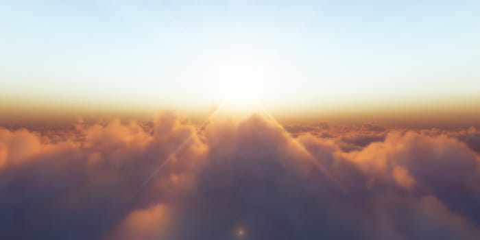 Beautiful aerial view above clouds with sunset. 3d illustration