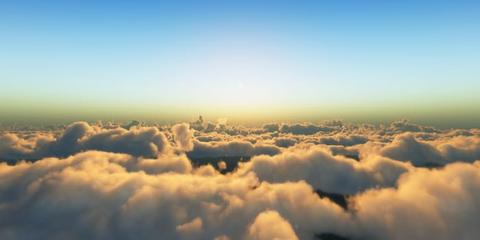 Beautiful aerial view above clouds with sunset. 3d illustration
