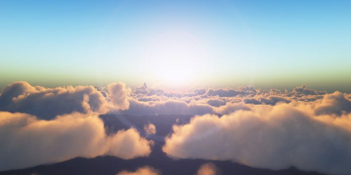 Beautiful aerial view above clouds with sunset. 3d illustration