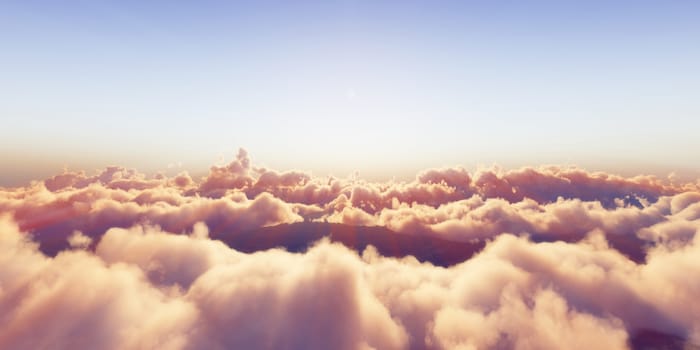 Beautiful aerial view above clouds with sunset. 3d illustration