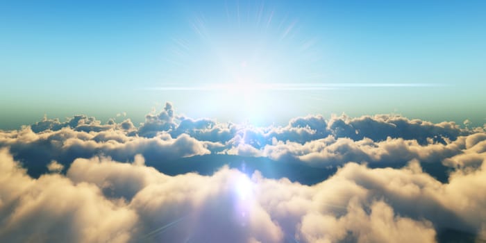 Beautiful aerial view above clouds with sunset. 3d illustration