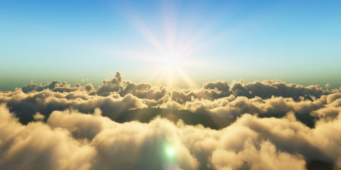 Beautiful aerial view above clouds with sunset. 3d illustration