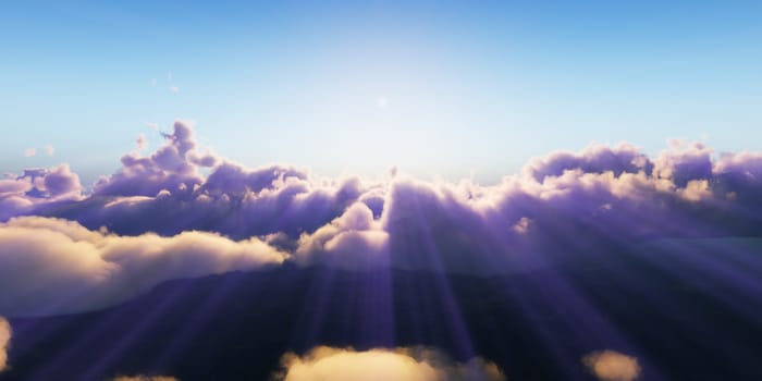 Beautiful aerial view above clouds with sunset. 3d illustration