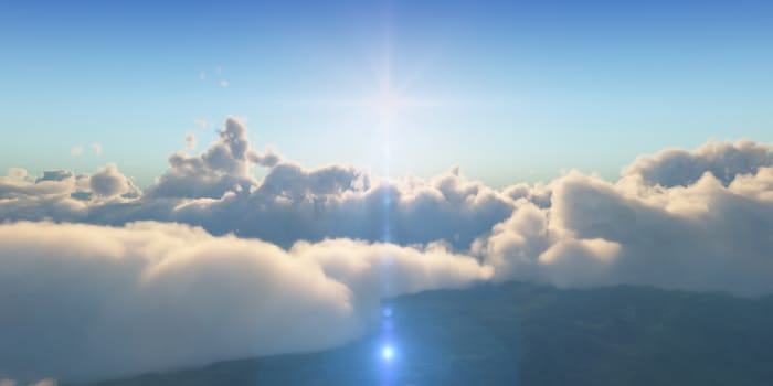 Beautiful aerial view above clouds with sunset. 3d illustration