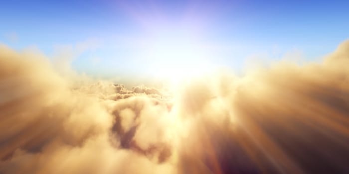 Beautiful aerial view above clouds with sunset. 3d illustration