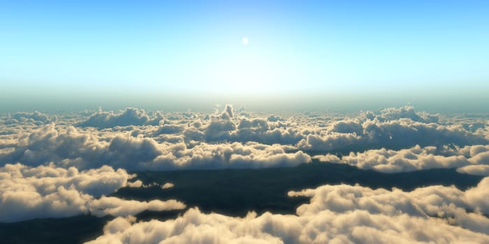 Beautiful aerial view above clouds with sunset. 3d illustration