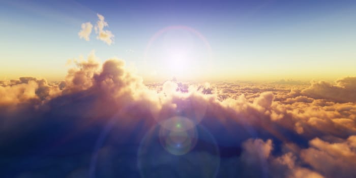 Beautiful aerial view above clouds with sunset. 3d illustration