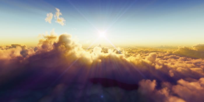 Beautiful aerial view above clouds with sunset. 3d illustration