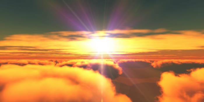 Beautiful aerial view above clouds with sunset. 3d illustration