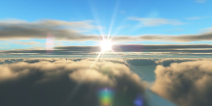 Beautiful aerial view above clouds with sunset. 3d illustration