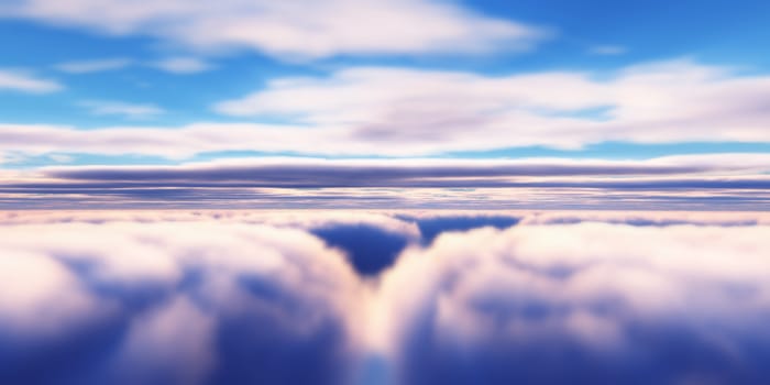 Beautiful aerial view above clouds with sunset. 3d illustration