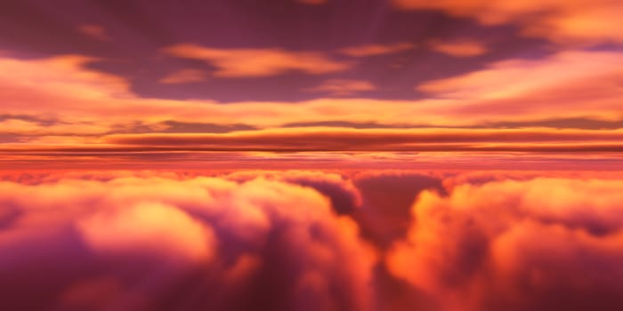 Beautiful aerial view above clouds with sunset. 3d illustration