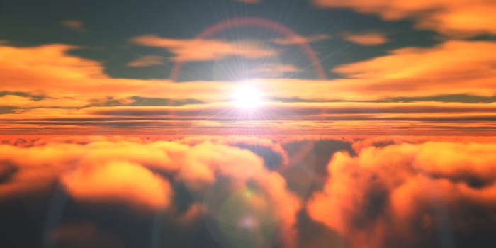 Beautiful aerial view above clouds with sunset. 3d illustration