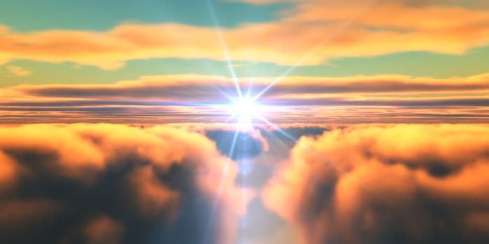 Beautiful aerial view above clouds with sunset. 3d illustration