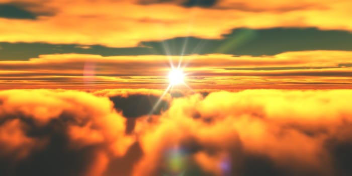 Beautiful aerial view above clouds with sunset. 3d illustration