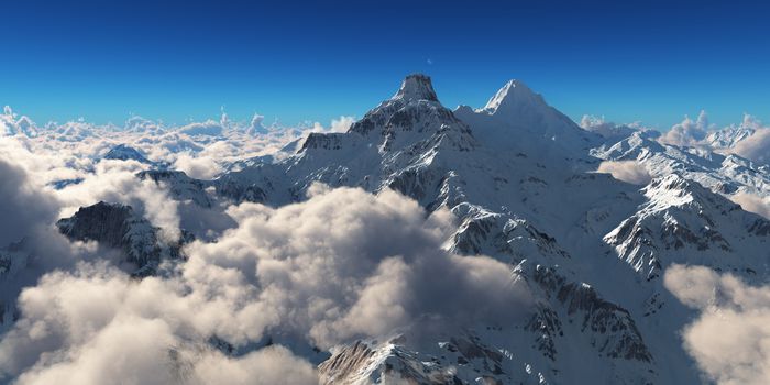 Mountain panorama over the clouds. Computer generated 3D illustration