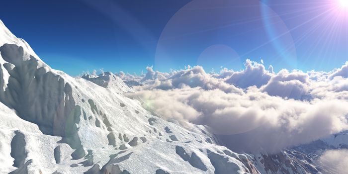 Mountain panorama over the clouds. Computer generated 3D illustration