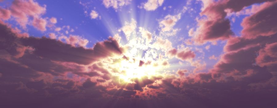 Sunset / sunrise with clouds, light rays and other atmospheric effect, 3d illustration