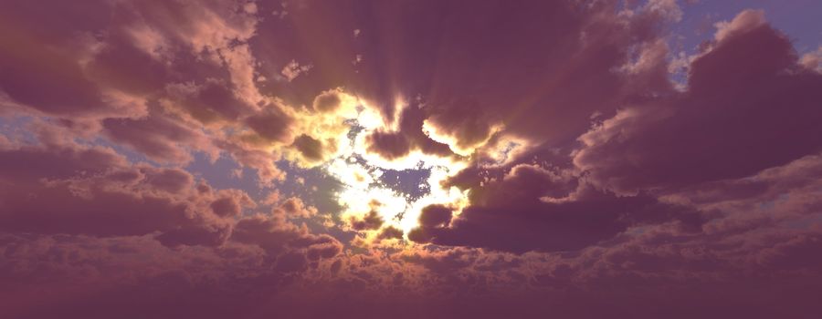 Sunset / sunrise with clouds, light rays and other atmospheric effect, 3d illustration