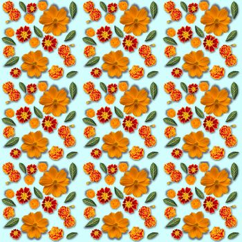 Yellow flowers pattern on a blue background. Cosmos, marigold and calendula flowers composition. Top view.
