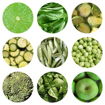 Food collage including 9 pictures of green vegetables