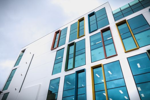 Dublin, Ireland - February 12, 2019: architectural detail of a new building in the high tech district of Dublin Docks on a winter day