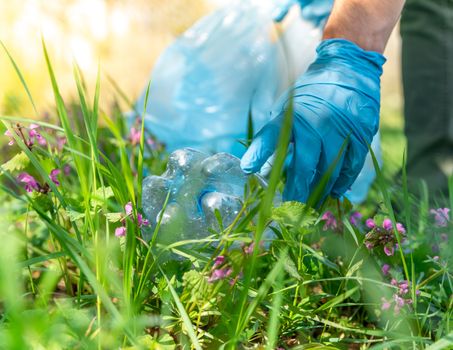 collecting plastic in nature, cleaning forests and meadows.