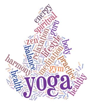 Illustration with word cloud on the benefits of Yoga.