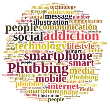 Illustration with word cloud on phubbing, the addiction to mobile