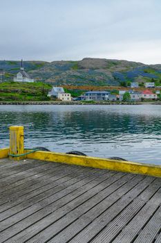 View of the town, fishing port and the church in Holmavik, the west fjords region, Iceland