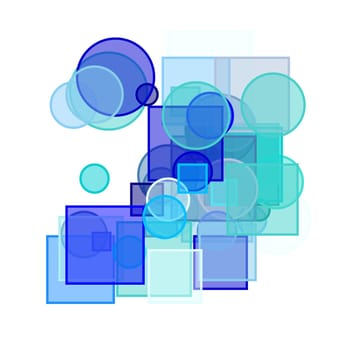 Abstract minimalist blue illustration with circles squares and white background
