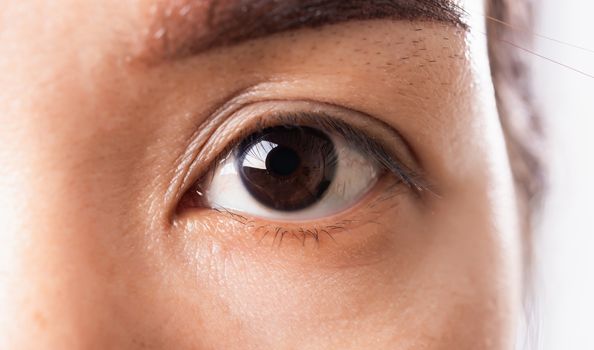 Close up detail macro of iris eyebrow or eyes Asian young woman open eyeball, studio shot background, Healthcare beauty concept